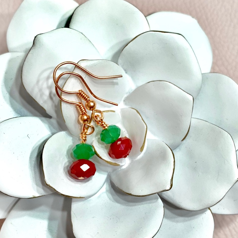 Green & Red Crystal & Copper Dainty Earrings
